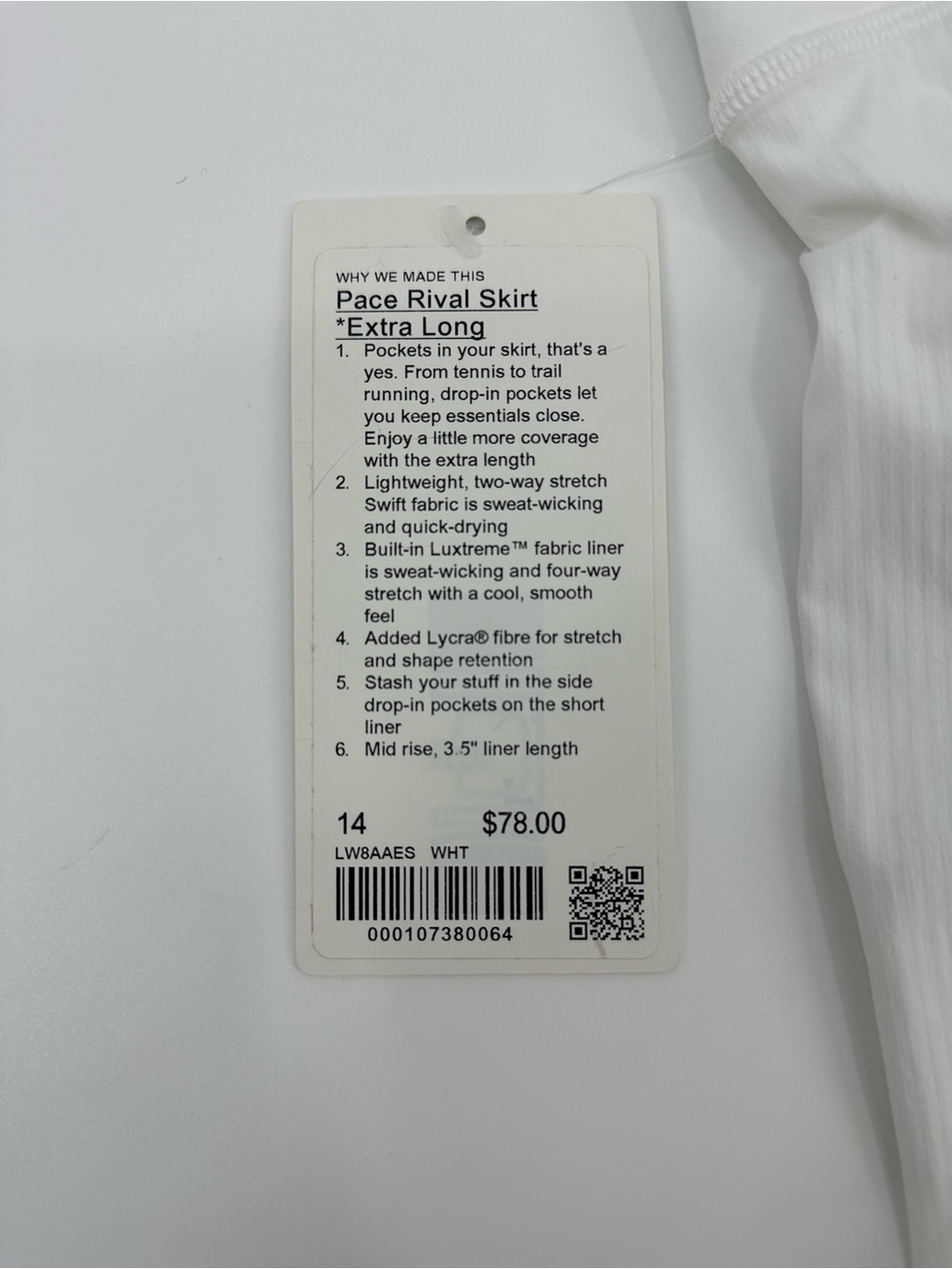 NWT lululemon athletica White Pace Rival Extra Long Performance Skort - Picture 12 of 16